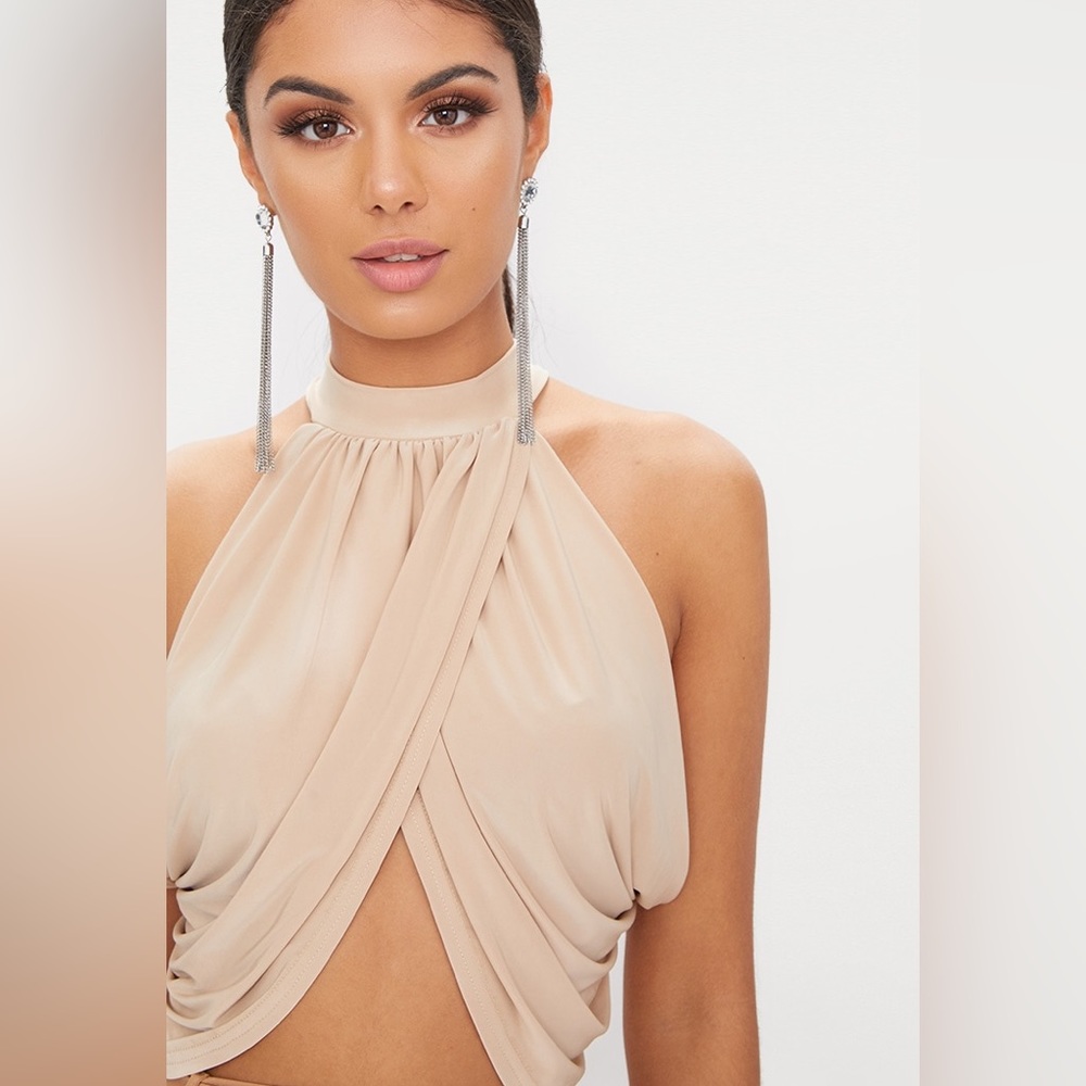 Champagne Neck Wrap Open Back Crop Top